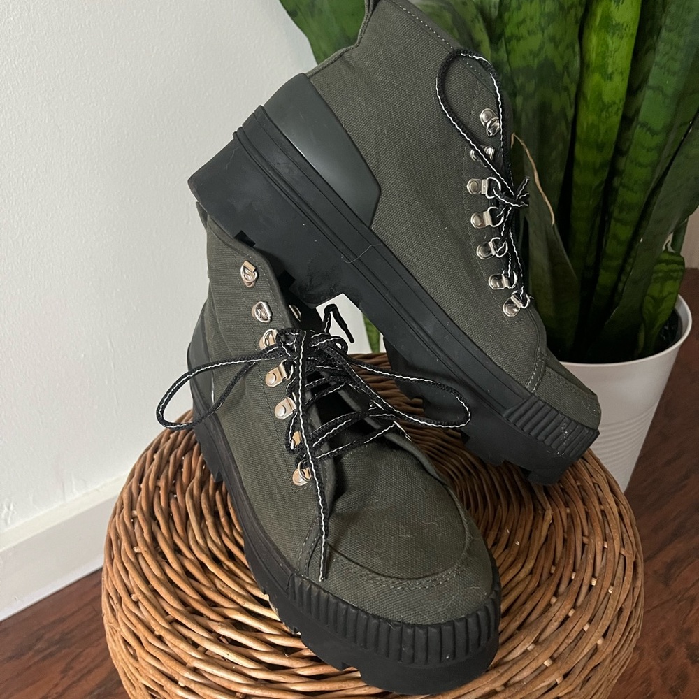 Mango Dark Green Canvas Lug Sole Boots